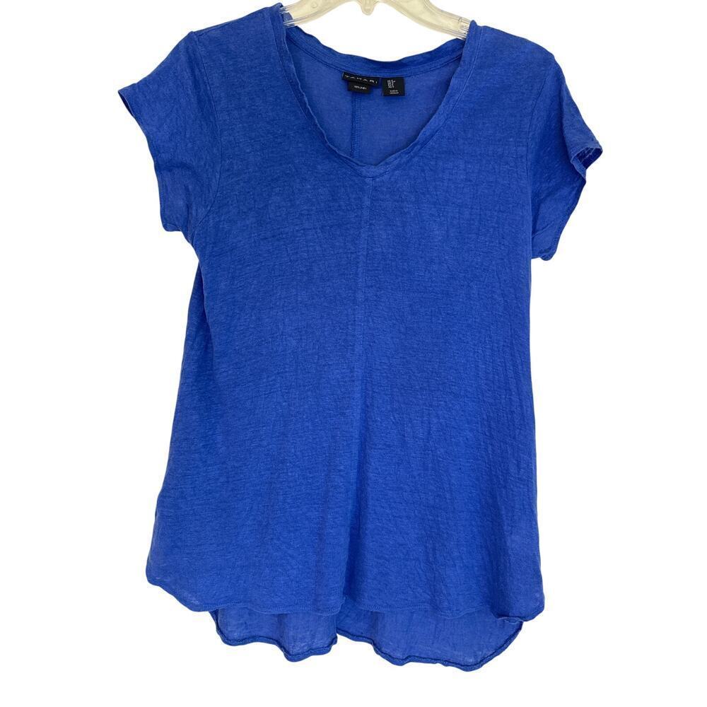 Tahari Women’s 100% Linen Short Sleeve Scoop Neck Royal Blue Top Size Small